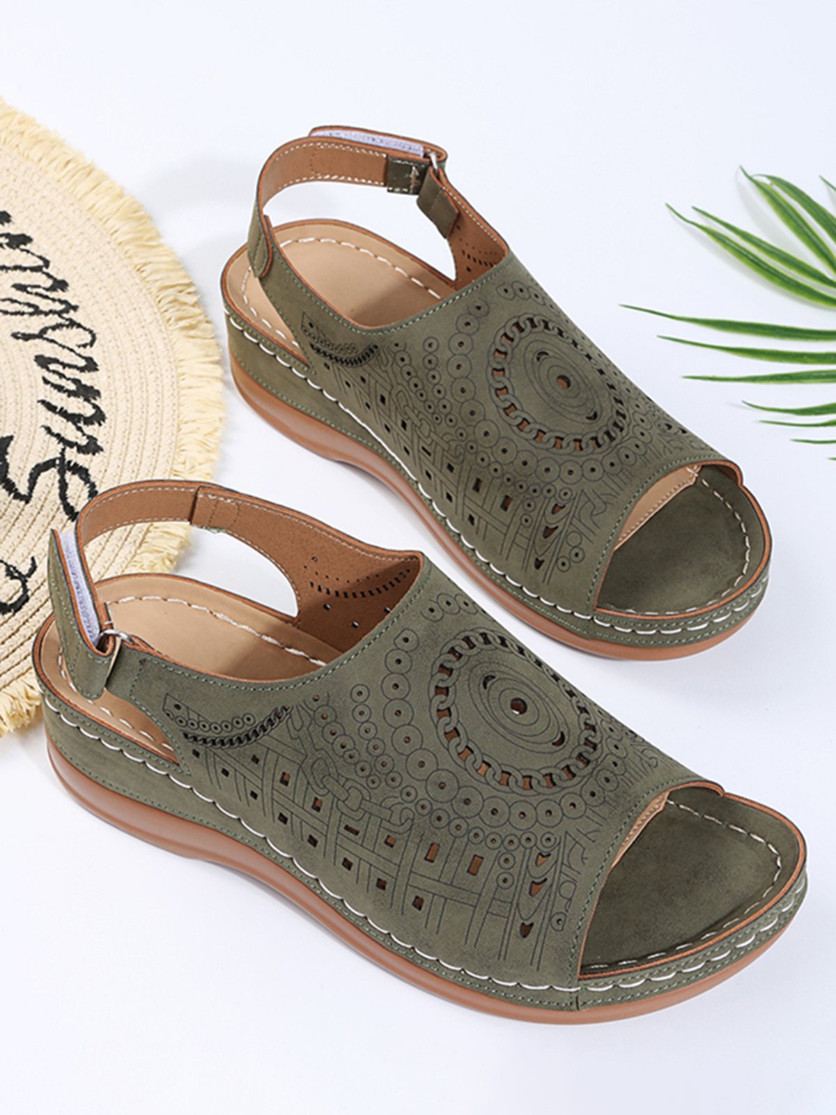 Laura - Sandalias vintage con estampado étnico y perforaciones huecas con cierre de velcro